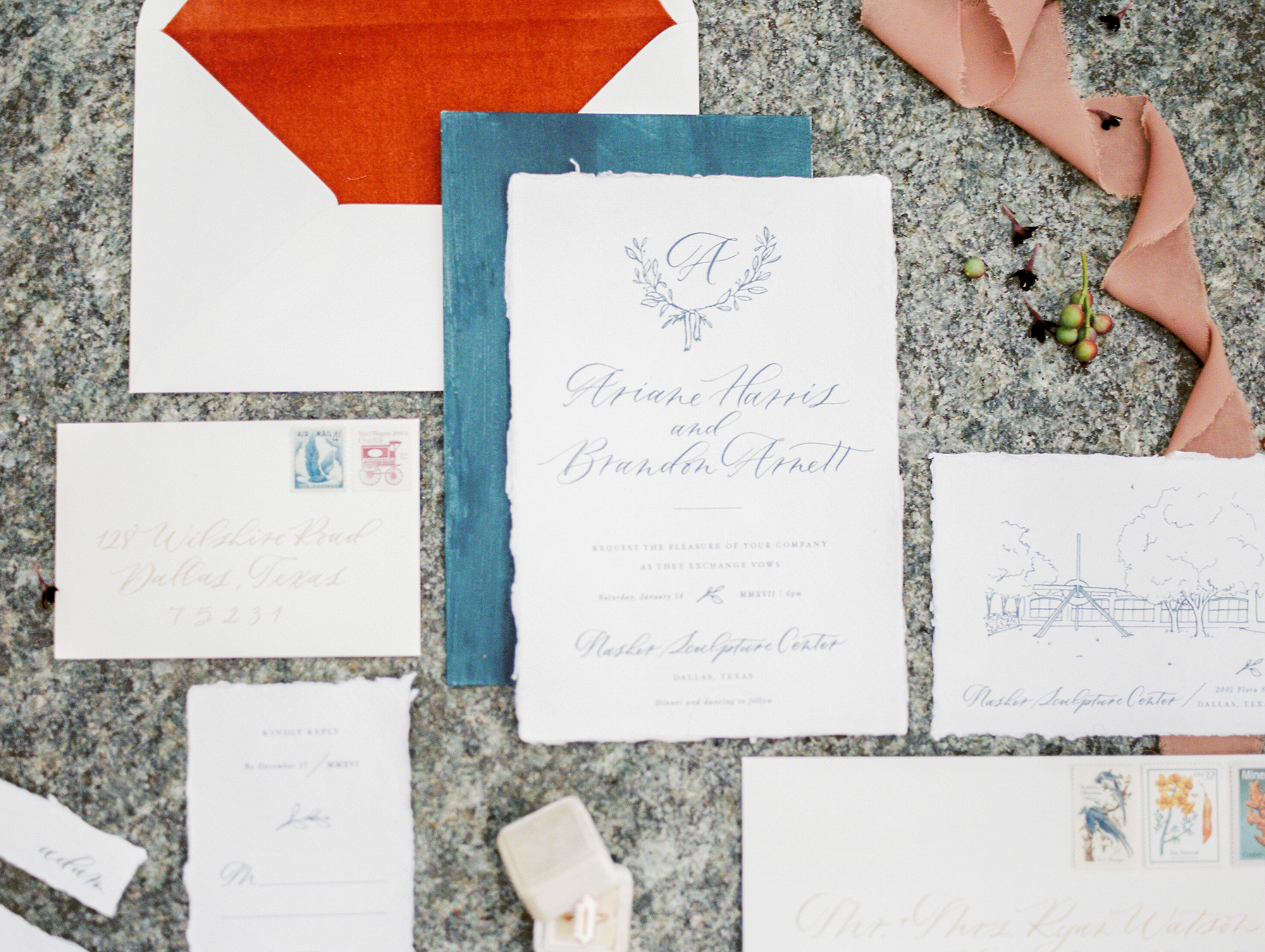 Modern wedding invitation suite featuring a illustration of the Nasher Sculpture Center photographed by Dallas wedding photographer Tenth & Grace.