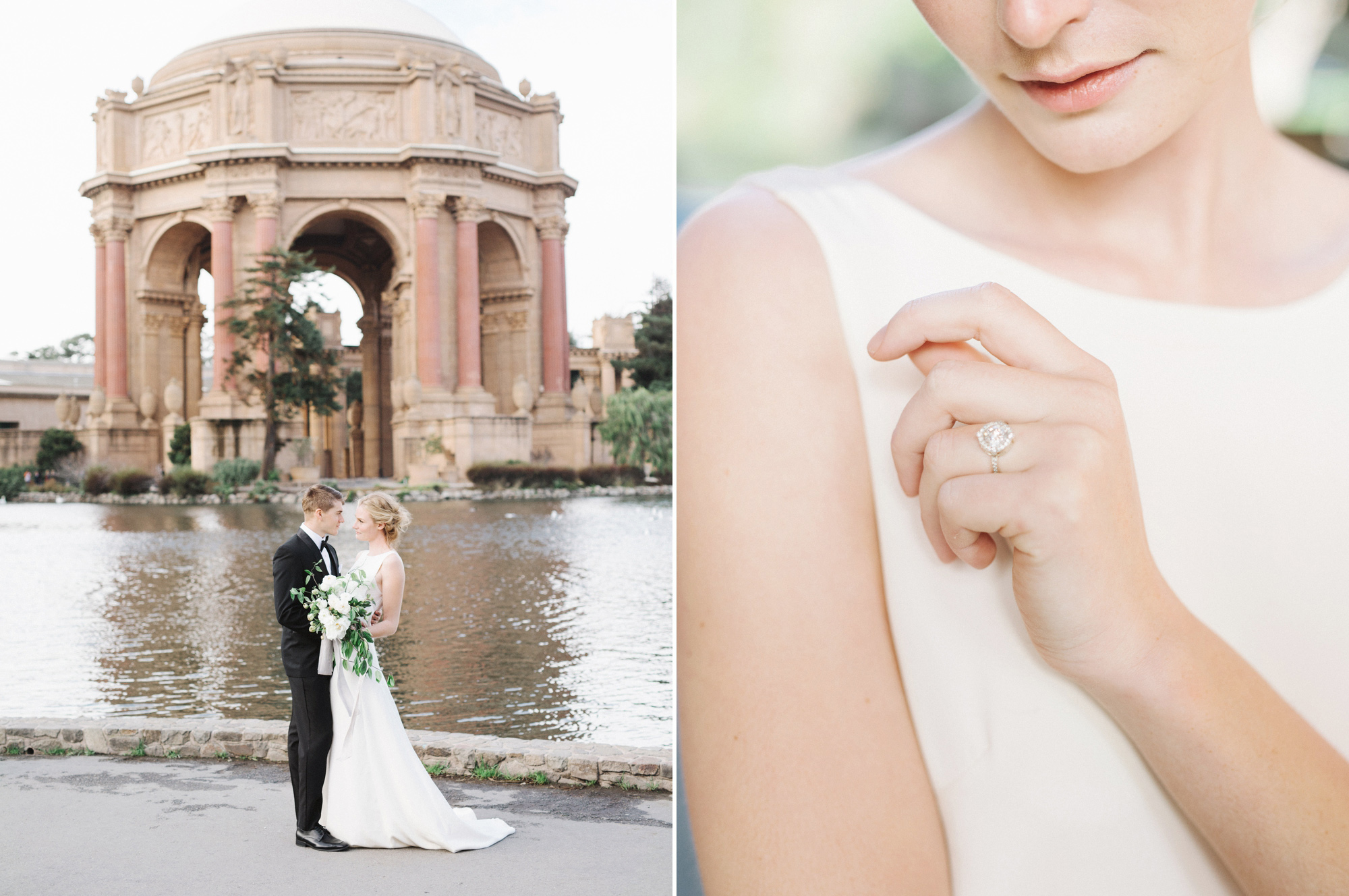 Wedding portraits in front of the Palace of Fine Arts in San Francisco.